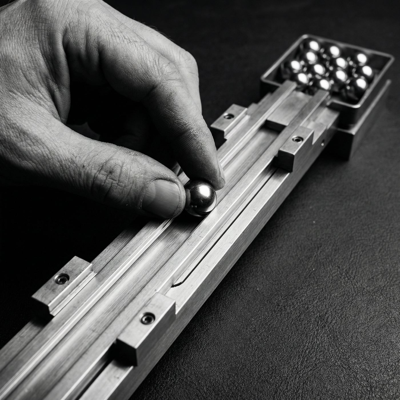 A hand making a precise adjustment on a metal measurement rail