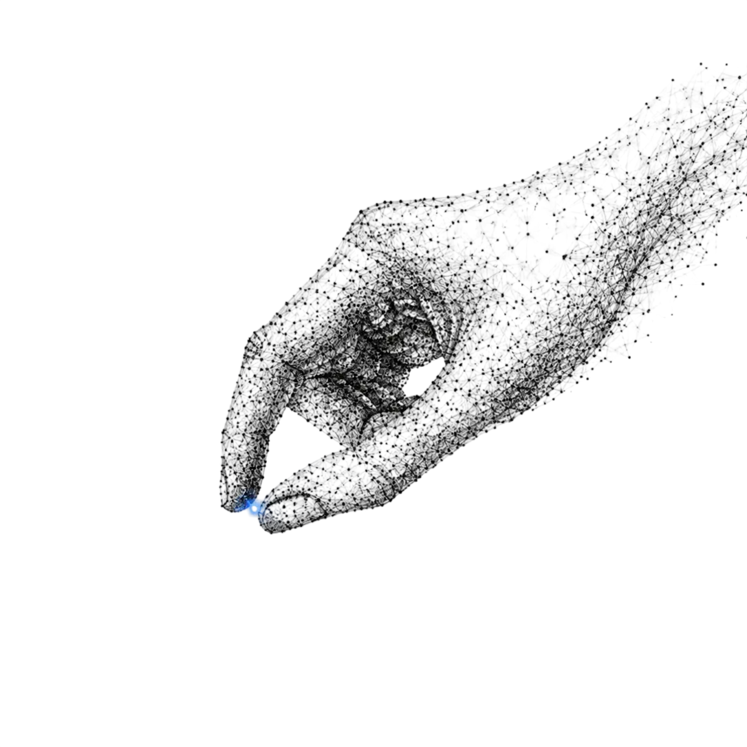 A precise mesh hand pinching a small blue point