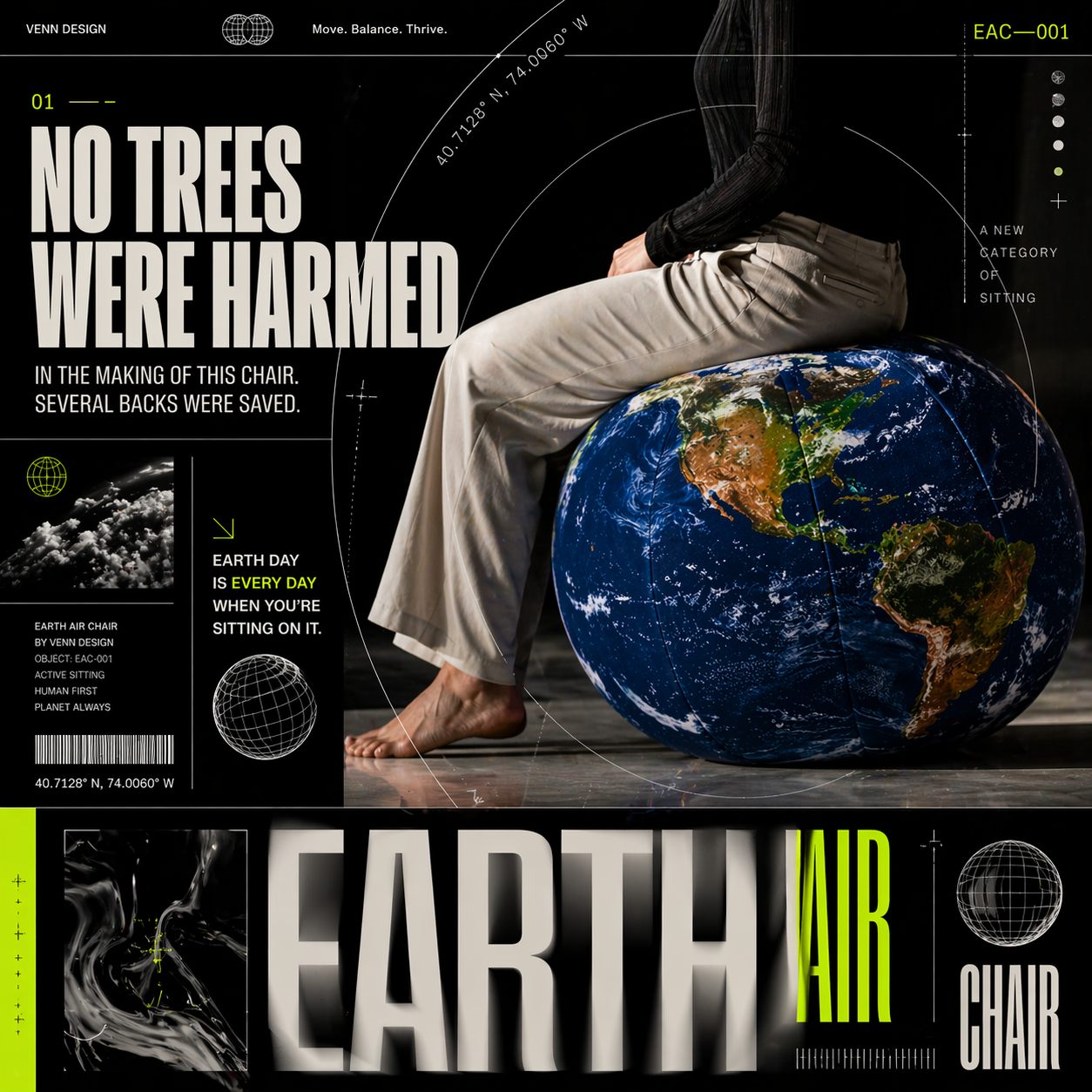 Black editorial campaign layout for the Earth Air Chair
