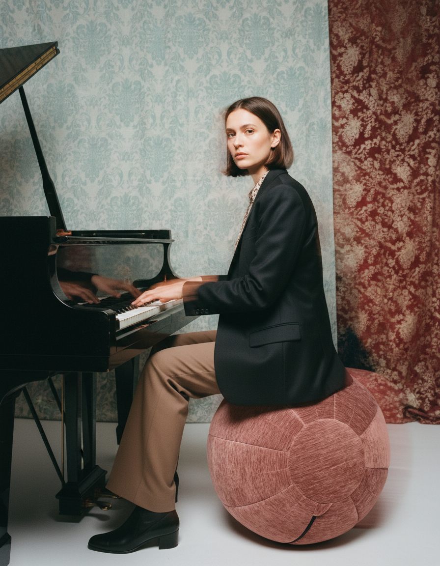 Editorial campaign portrait beside a piano and sculptural chair