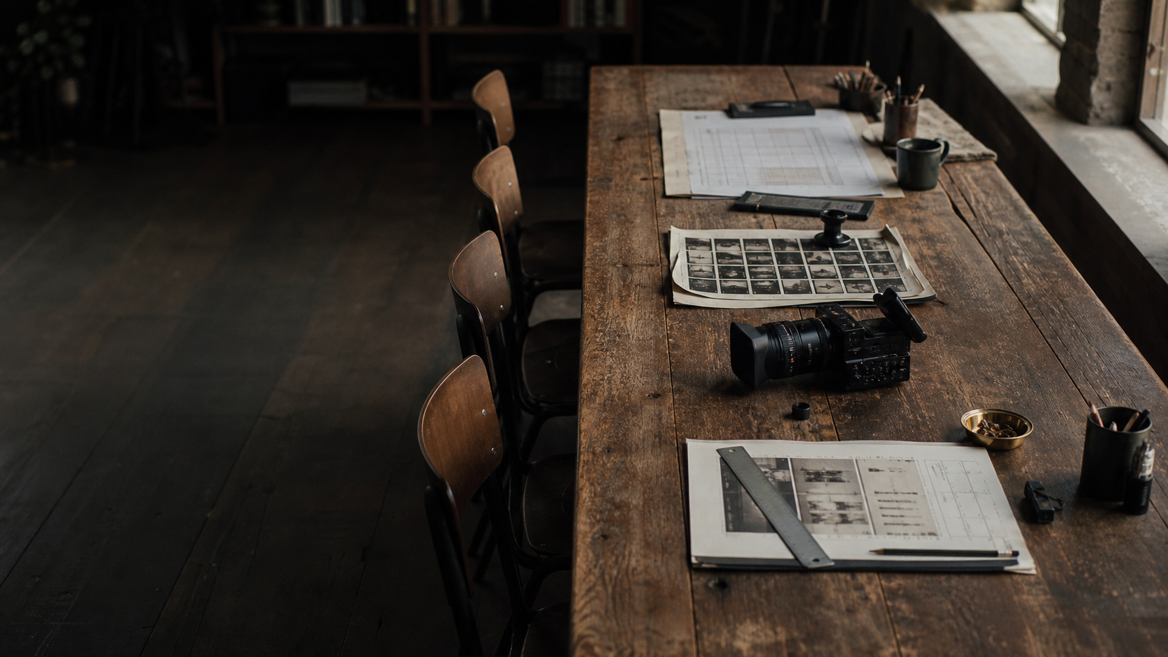 Four distinct workstations arranged around one studio table