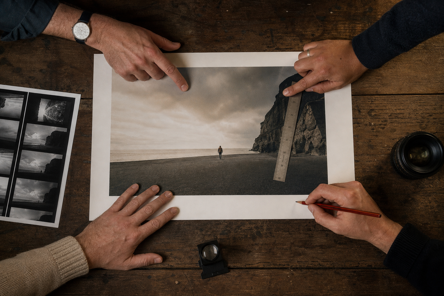 Four hands reviewing one print at a shared work table
