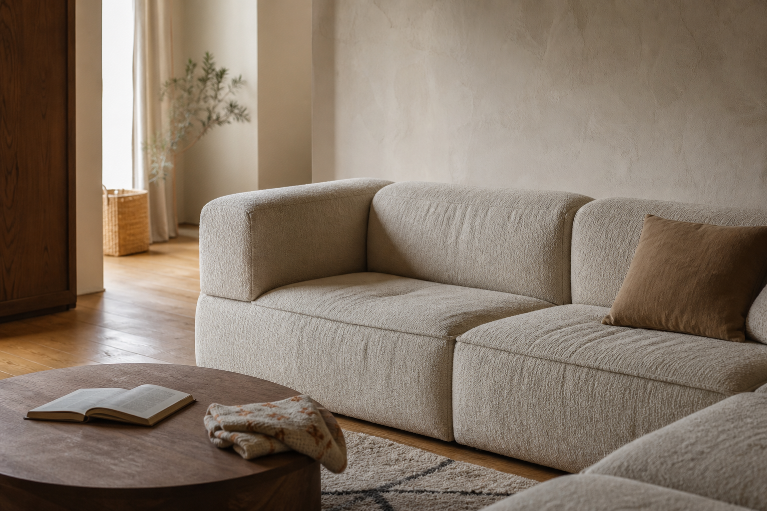 A modular oatmeal sofa in a warm lived-in room