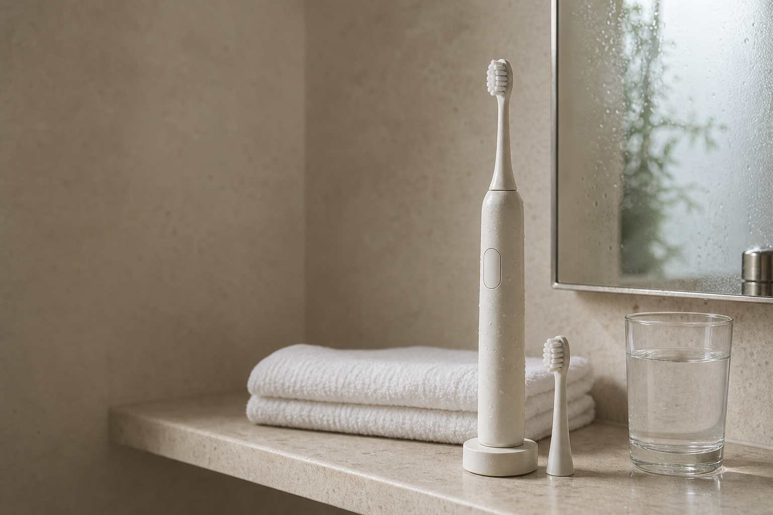 An ivory electric toothbrush prepared beside a bathroom mirror