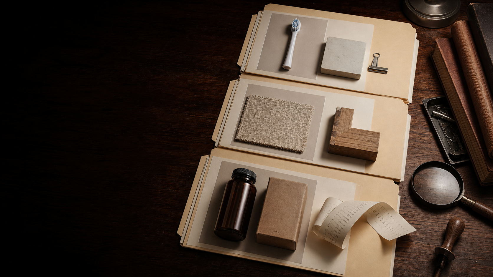 A dark archive holding three anonymized ecommerce artifacts