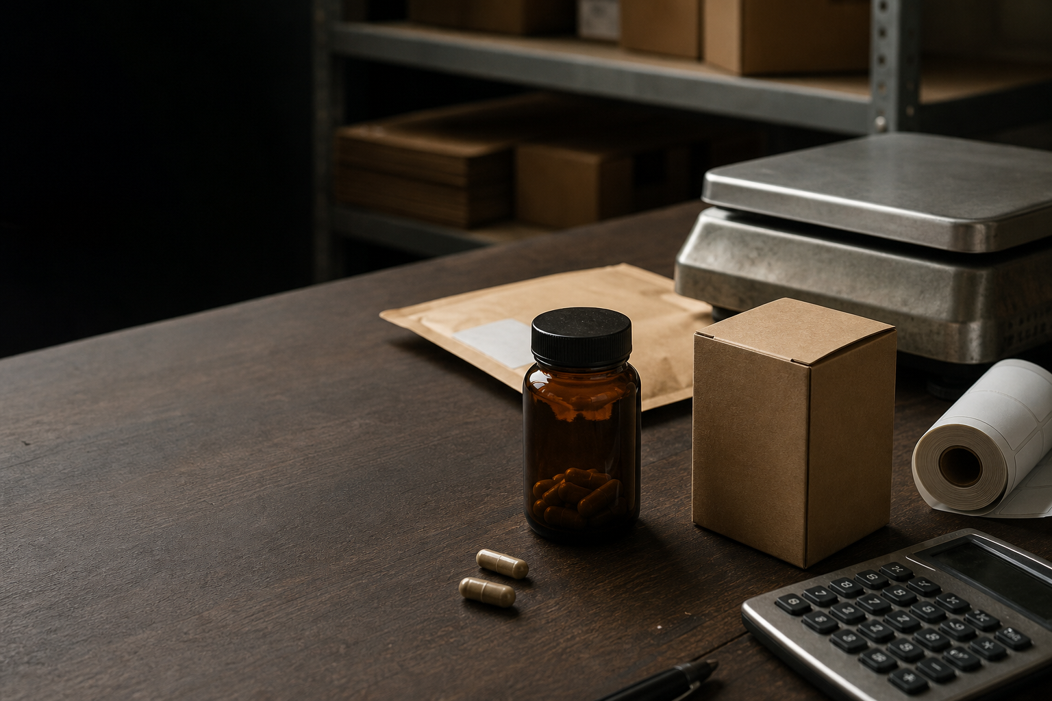An amber supplement bottle at a working fulfillment table