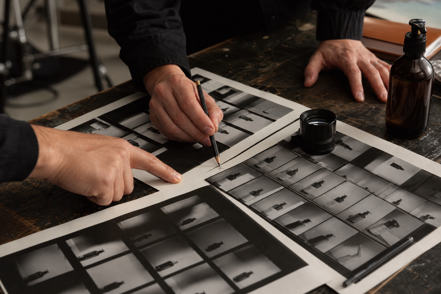 Senior specialists reviewing a contact sheet together