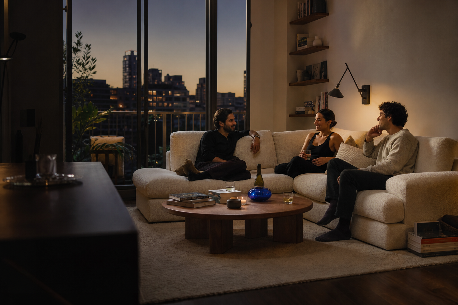 Friends using an ivory modular sofa in a compact apartment
